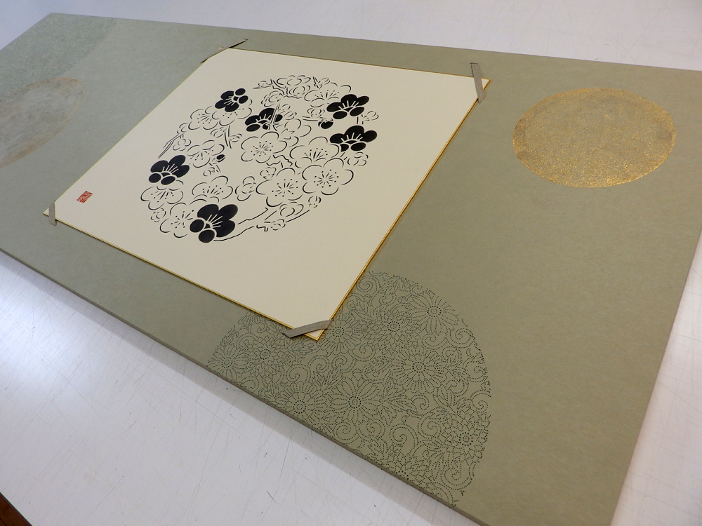 伊勢型紙・砂子振り　色紙パネルと花丸色紙