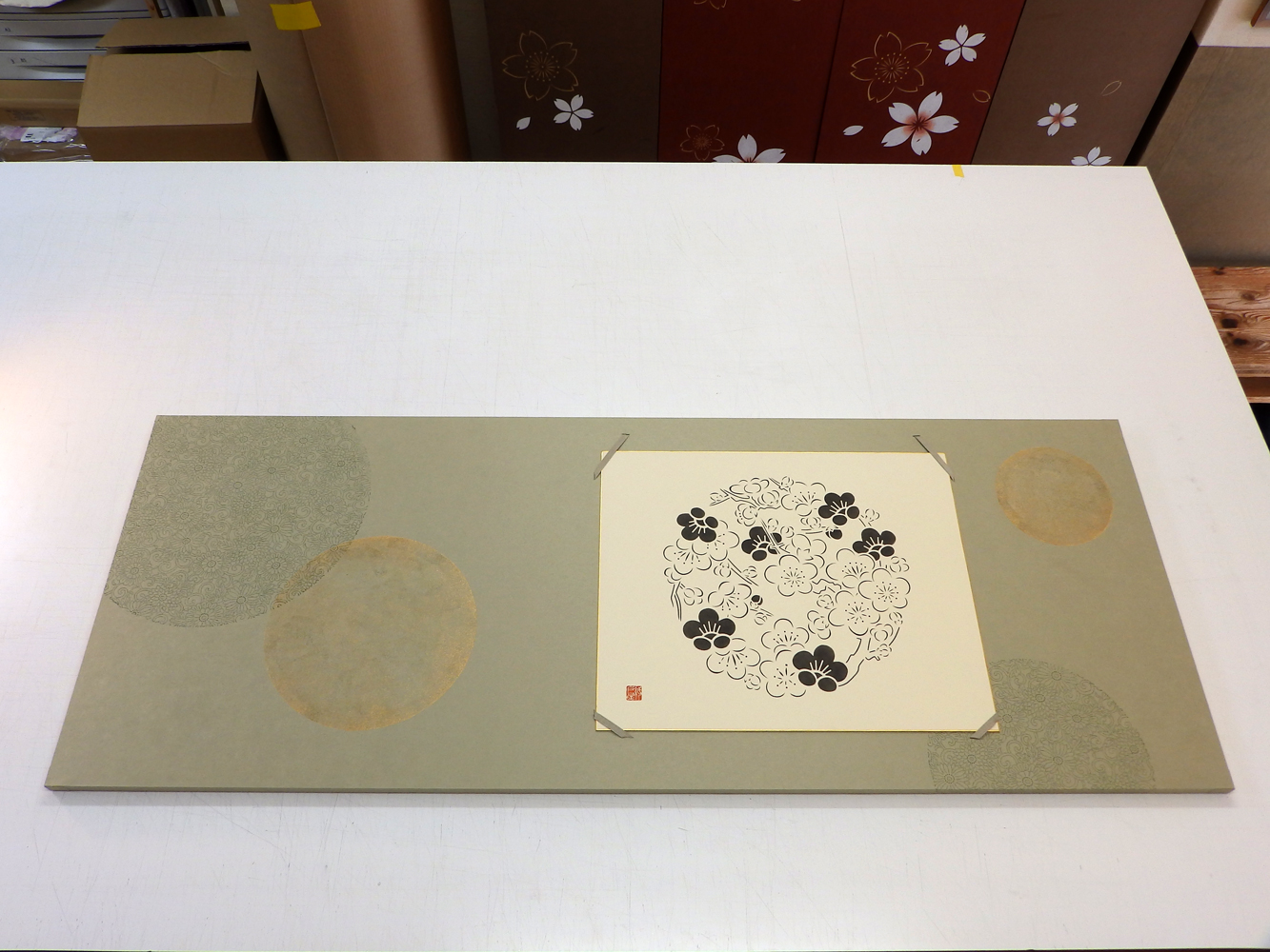 伊勢型紙・砂子振り　色紙パネルと花丸色紙